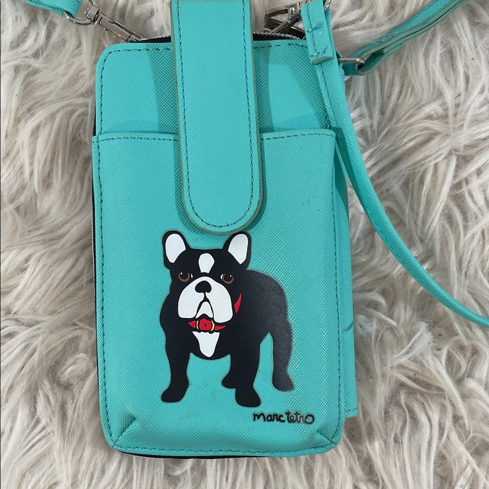 Marc Tetro Doggie Print Turquoise Crossbody Phone Wallet.